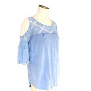 Earthbound Trading Co BOHO Open Shoulder Lace & Chambray Tunic Top S Blue #100J